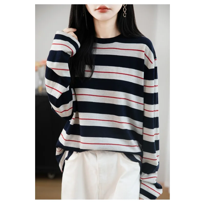 Suéter retrô listrado de contraste de manga comprida para mulheres gola redonda suéter fino solto novo top francês casual