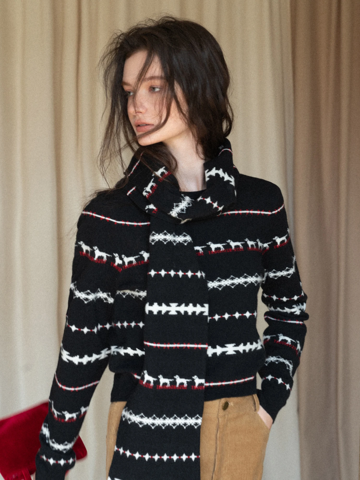 

Eggka Fair Isle Knitwear ort Top round Ne Sweater with Scarf Slimming Effect Women's Faionable Autumn Winter Clothes