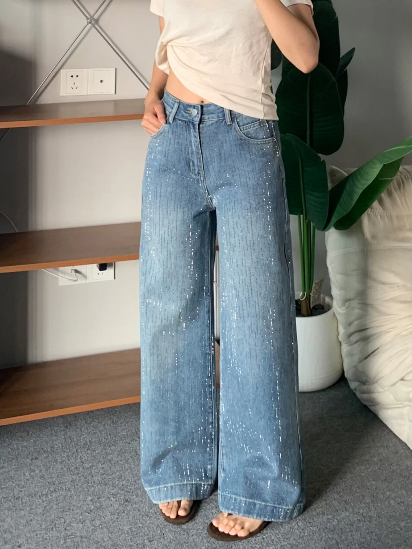 

Loose American Style Diamond Embedded Blue Jeans Women's Summer New Slim Narrow Version Wide Leg Retro Long Trousers