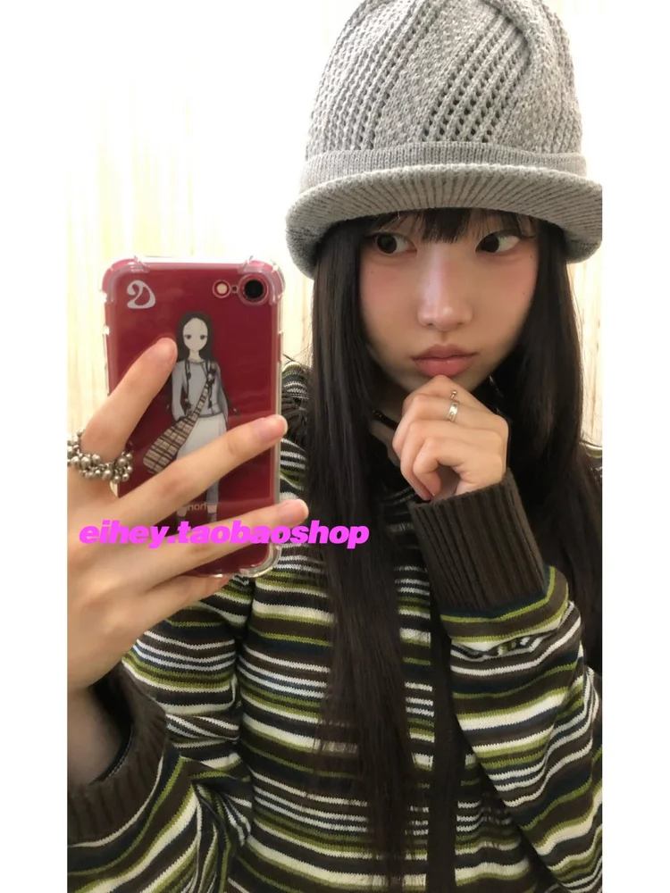 الخريف الشتاء خمر مخطط سترة مشغولة من الصوف معطف الكورية موضة سليم صالح كل مباراة زمم هوديي المرأة سترة Y2k #3