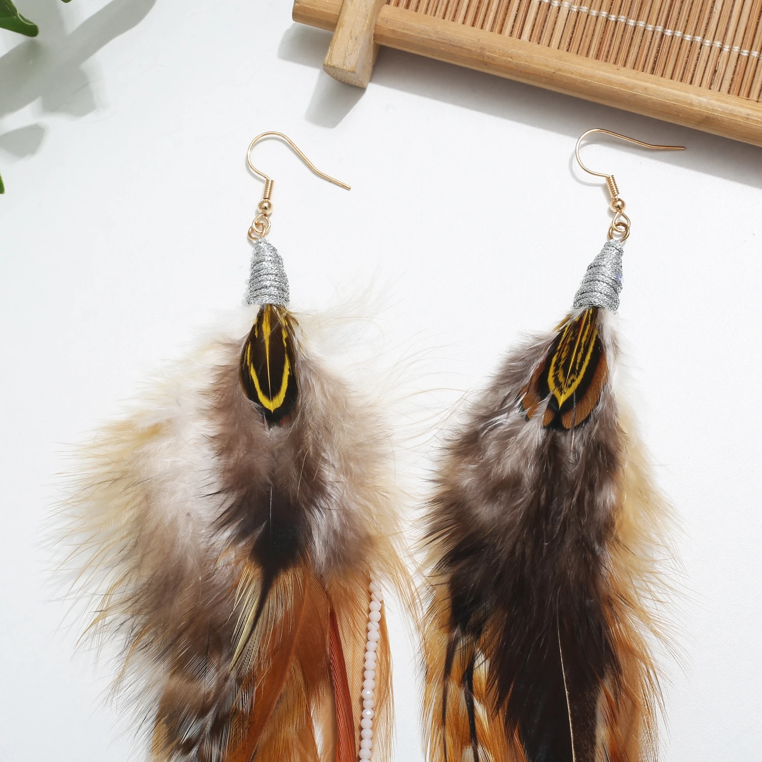 1 brown Bohemian ethnic style feather earring set with handmade beaded women\'s earrings