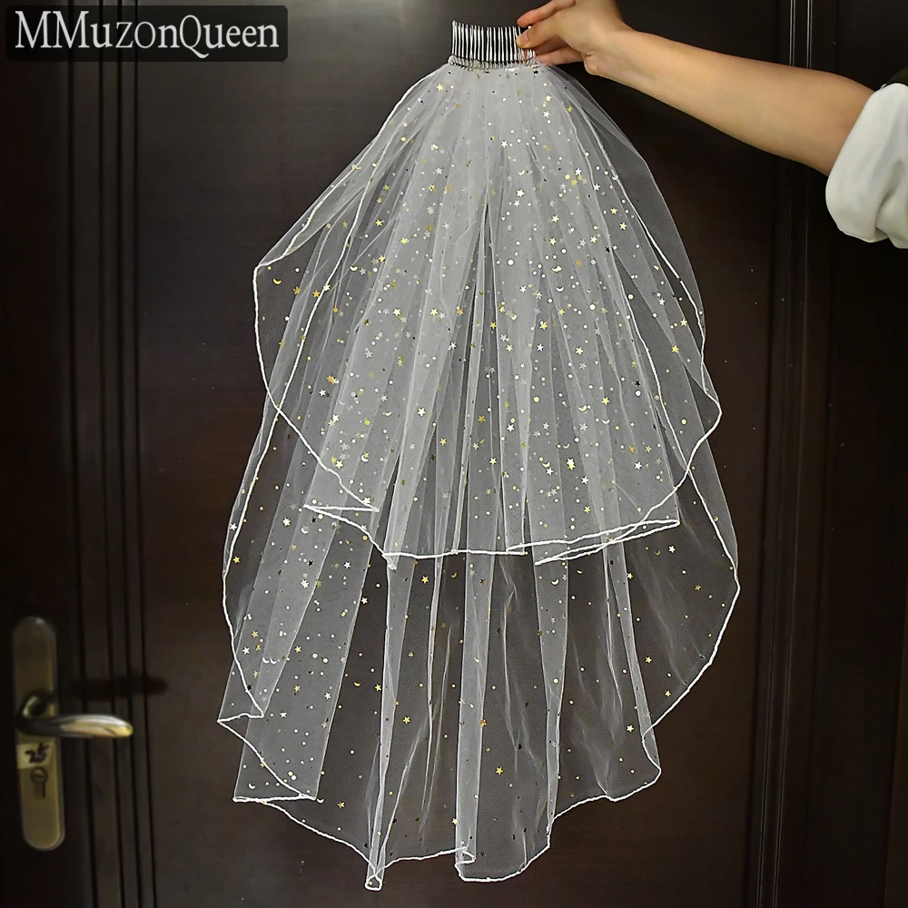 MMQ M14 Star Moon Sequins Veil Hot Sale Wholesale 2 Tier Yarn With Comb Bridal Wedding Veil Engagement Woman Accessories