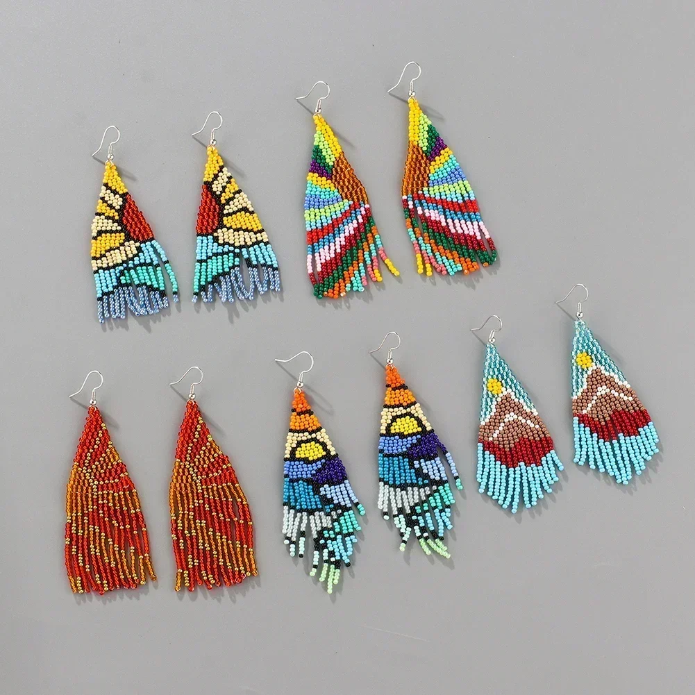 Rice Bead Earrings Hand knitting Fashion Bohemia Beading  Sunrise Landscape  Alloy Colorful sun Design Female Rice bead earrings