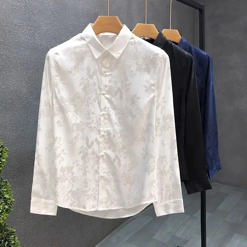 Men Lightweight Floral Jacquard Long Sleeve Dress Shirts Turn Down Collar Button Up Casual Business Blouses For Spring Autumn