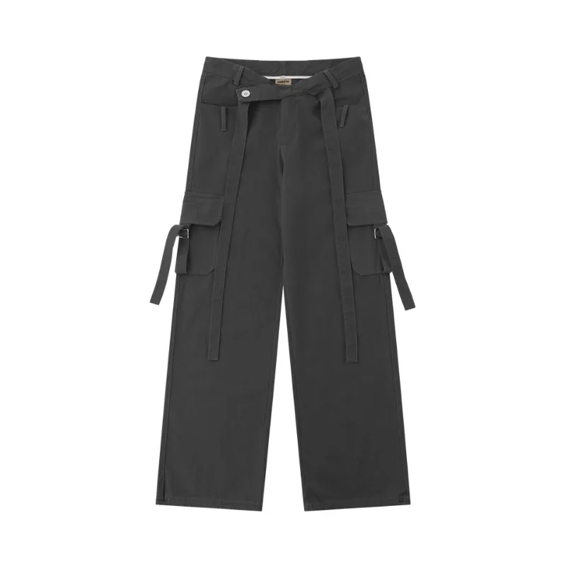 OR FL Trendy Brand Personality 100 Cotton Women Cargo Trousers Ribbon Decoration Cross Waist Seal Japanese style Staraight Pants