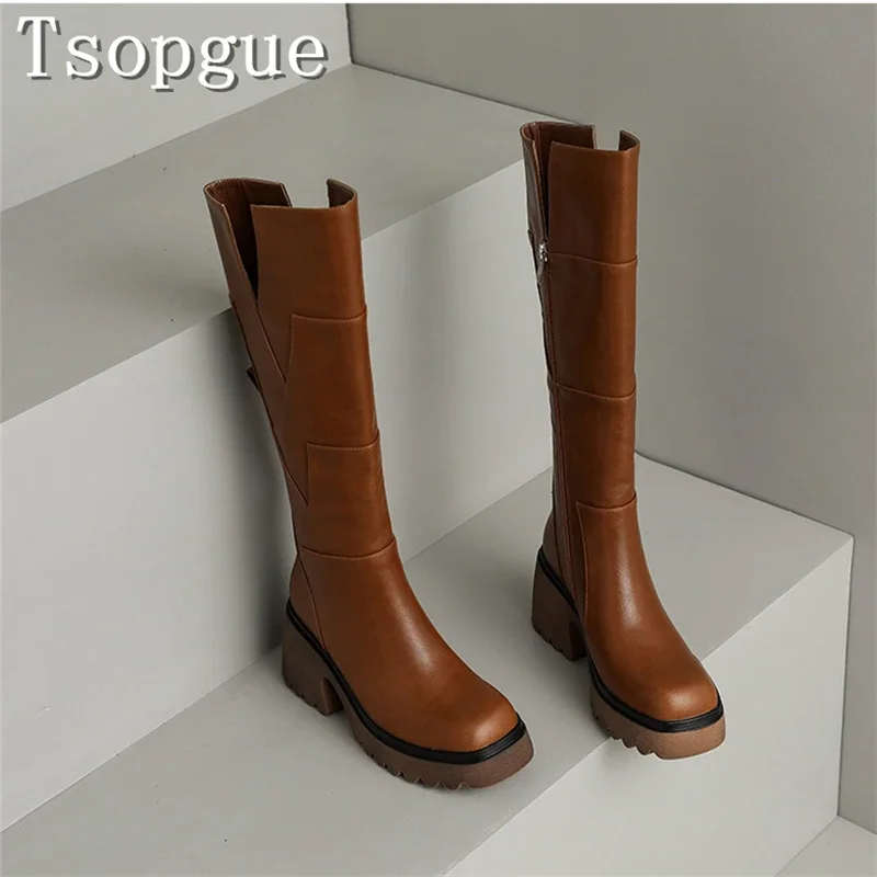 

Genuine Leather Women Knee High Boots Flat Platform Thick Heels Side Zipper Long Boots Fashion Girl Retro Knight Boots ﻿