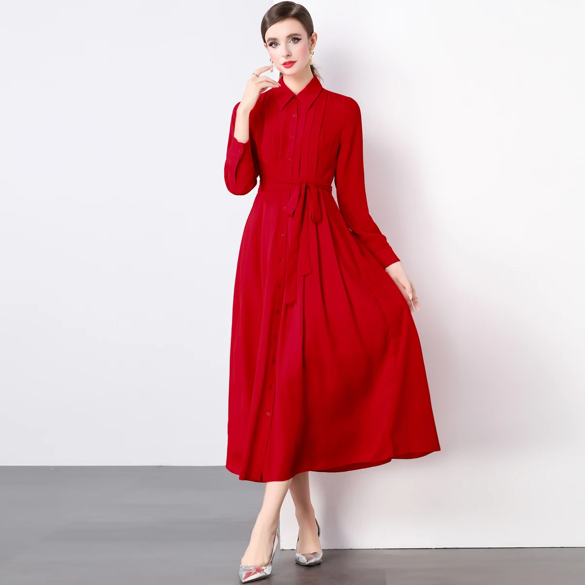 New Year Christmas Chic Elegant Annual Meeting Red Dress Women's Lapel French Design Bow Tie Long Pleated Dresses Party Vestido