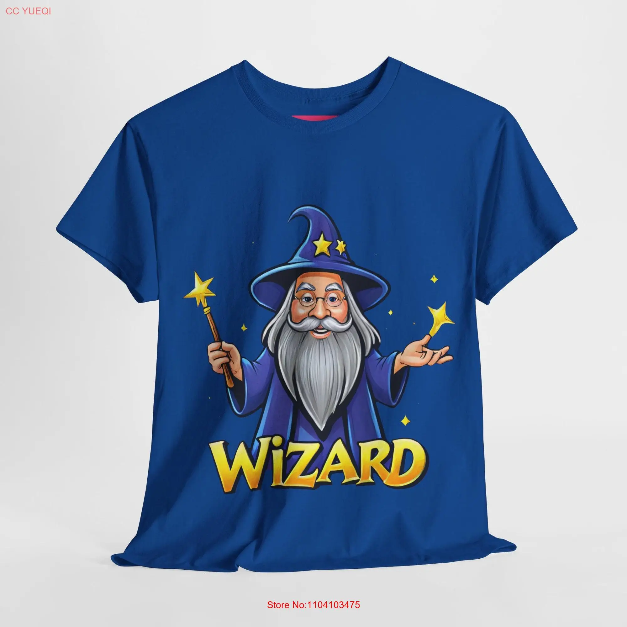 Wizard in Blue Robe Hat Cotton T Shirt Long White Beard Staff RPG Fan Apparel long or short sleeves