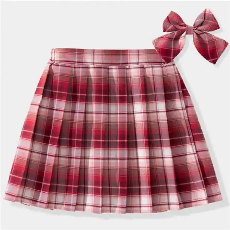

Korean Version New Girls Clothes Spring and Autumn Checkered Pleated Skirts Academy Style Kids Skirt + Bow