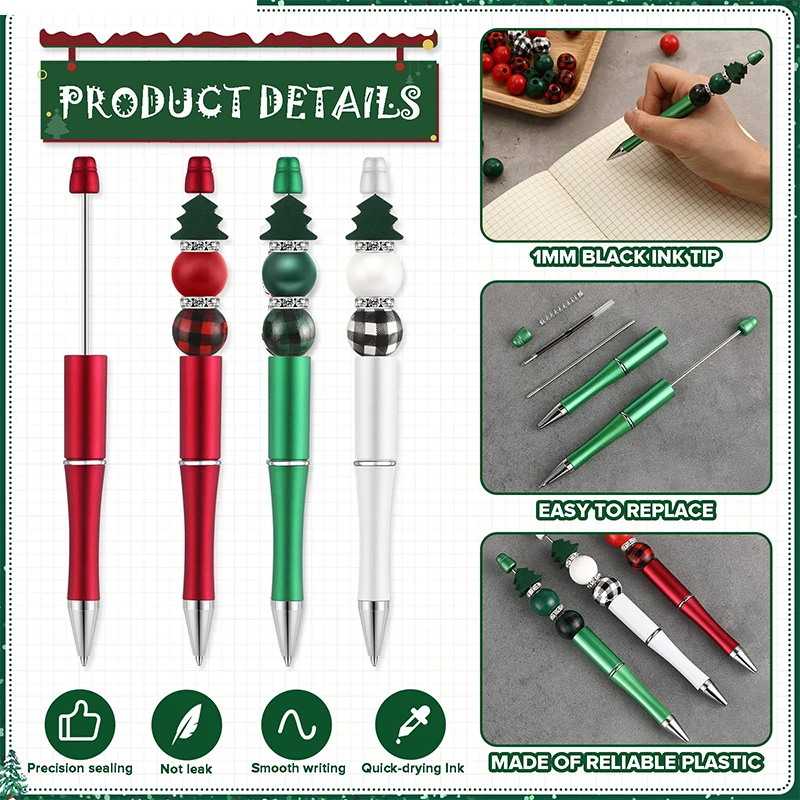 60Pcs Christmas Beadable Pens Red Green White Plastic Bead Pens Beads DIY Pen Black Ink Ballpoint Pens