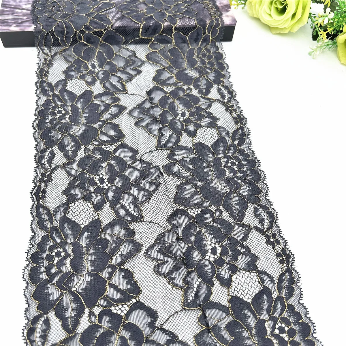 3y/lot Width 21cm Dark Grey Gold Elastic Lace Trim For Lingerie Sewing Craft DIY Apparel Fabric Lace Wedding Garment Accessory