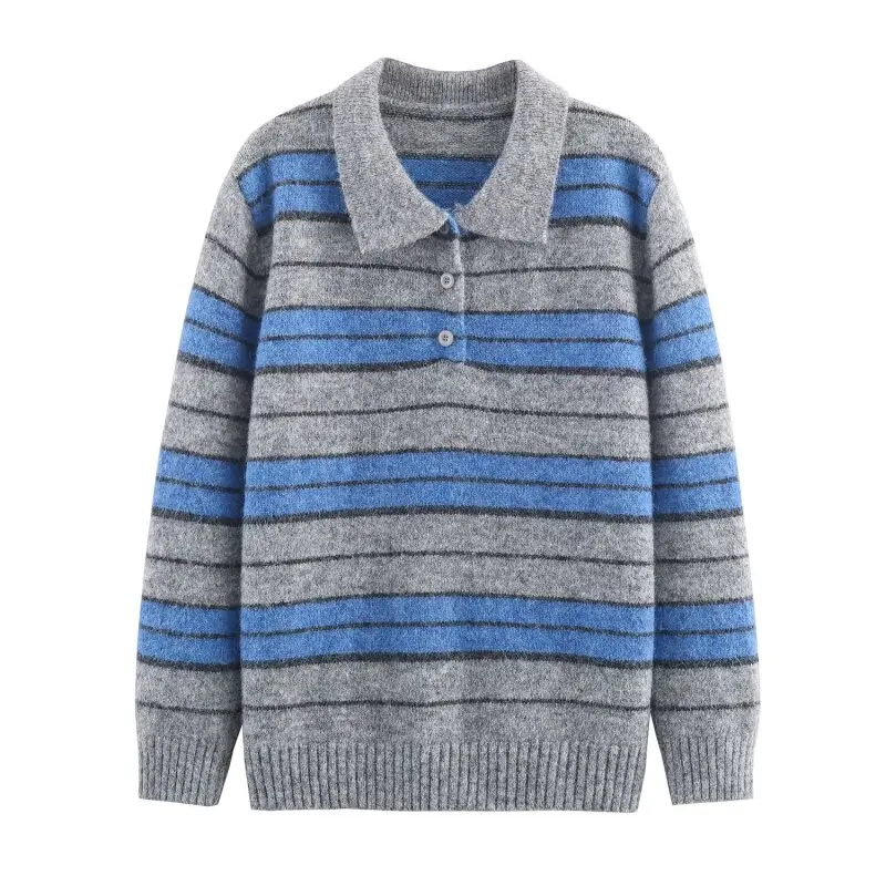 

Women’s Relaxed Soft Colourblock Striped Polo Neck Pullover - Casual Versatile Striped Sweater with Contrast Details