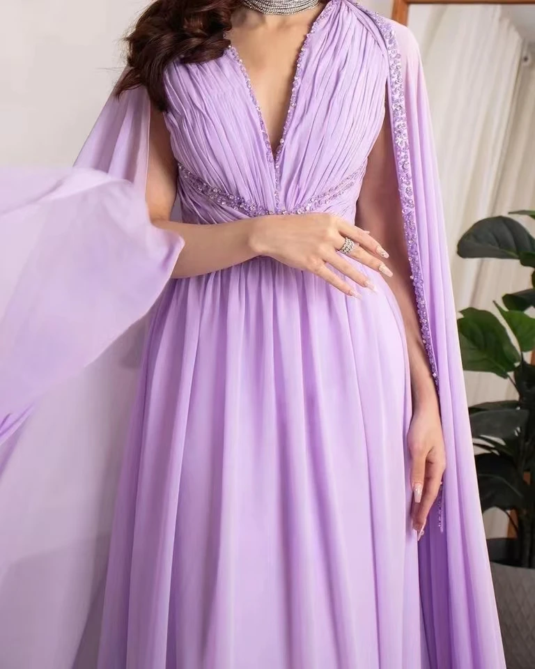 

Merida Chiffon Beads Sequins Train Ruched A-Line Prom Dresses Watteau Floor-Length Saudi Arabia Elegant Party Dresses 2023