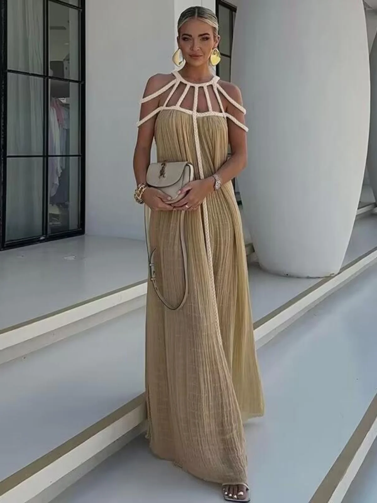 Sexy oulder Bared Beach Dr femmes ample été Vaion décontracté tricot corde attaché robe taille moyenne Polyester Fiber V Ne