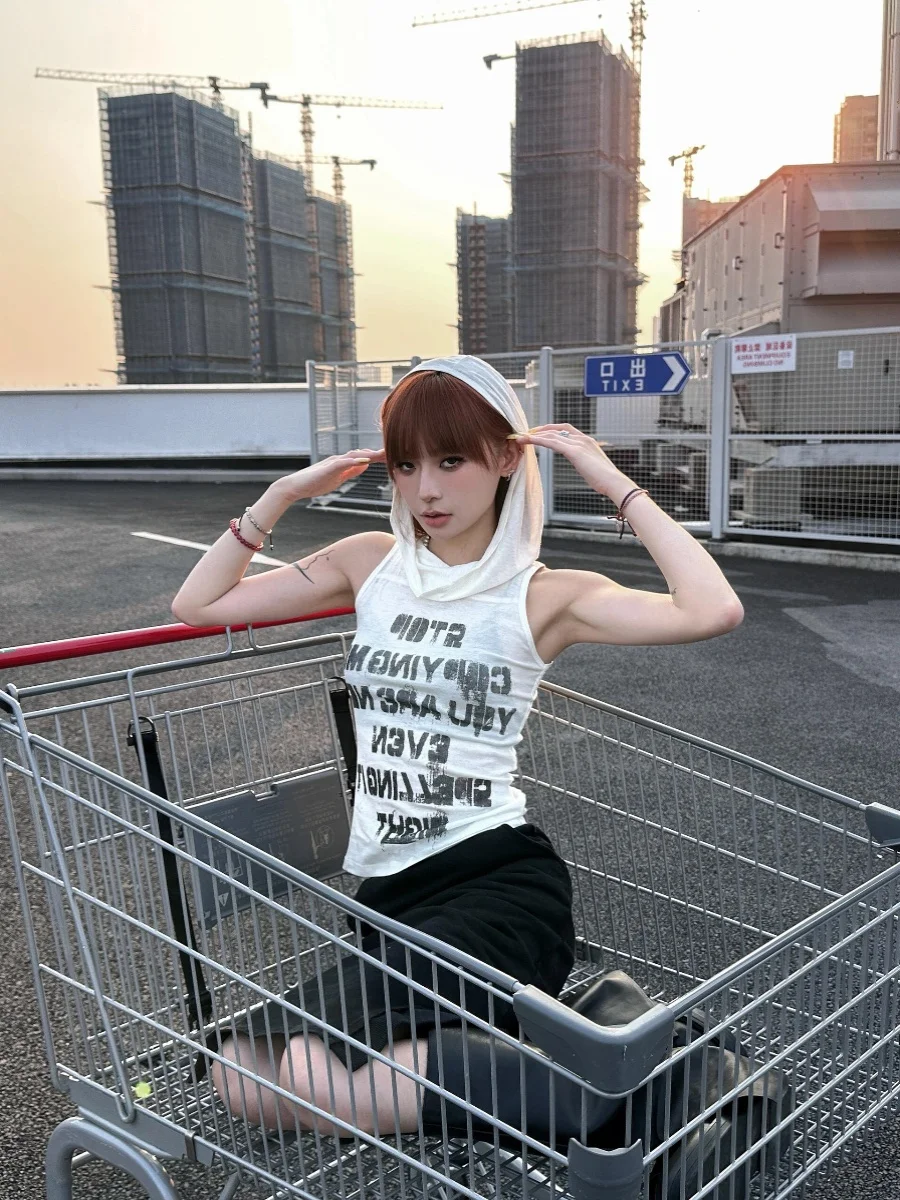 Genayooa Vintage Print Letter Tank Tops Sleeveless With Hoody Y2k Retro Crop Top Streetwear 2000s Japanese Summer Tank E Girls