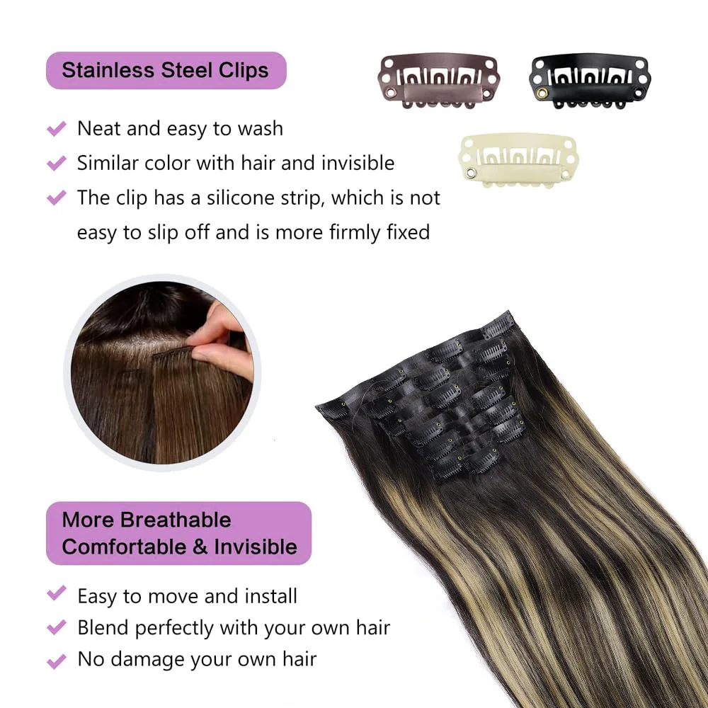 PU Clip In Hair Extensions 100% Real Hair Invisible Seamless PU Skin Weft Clip In Human Hair Extensions Full Head For Women 120g