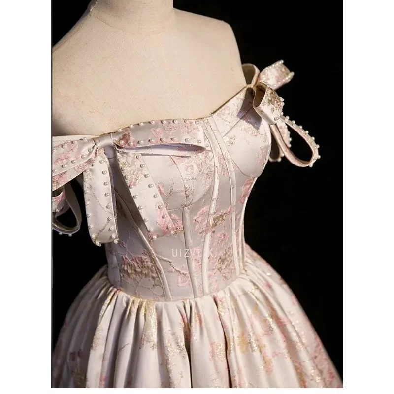 Rosa Retro Gedruckt Floral Abend Party Kleid Perle Schleife Off Schulter Geburtstag Formale Kleid Luxus Satin Braut Engagement Vestido