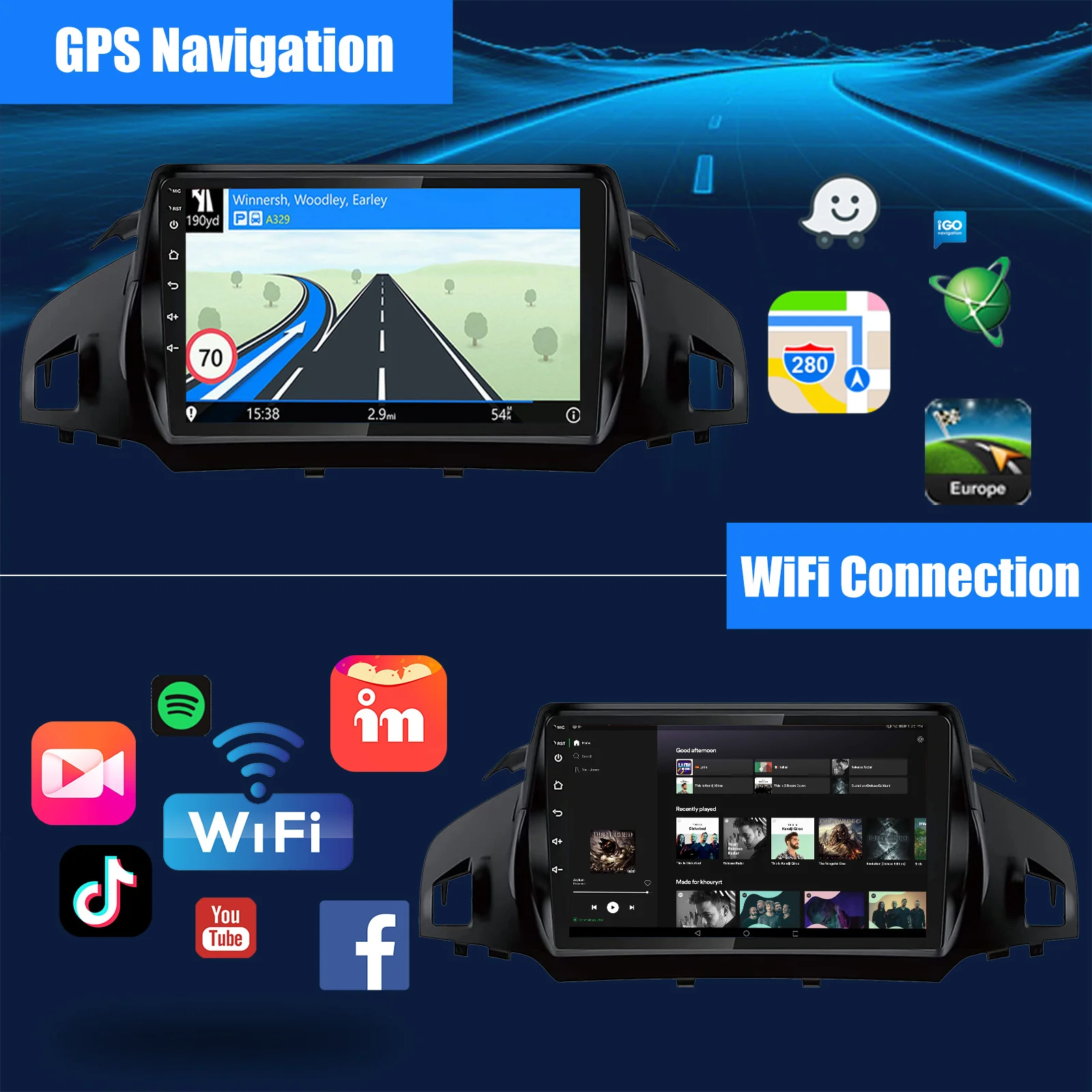 ESSGOO 9 Pouces 2 Din Android 14 Autoradio GPS Navigation CarPlay Android Auto Sans Fil Pour Ford Escape Kuga 2012-2018 Lecteur Vidéo Multimédia FM WiFi Bluetooth