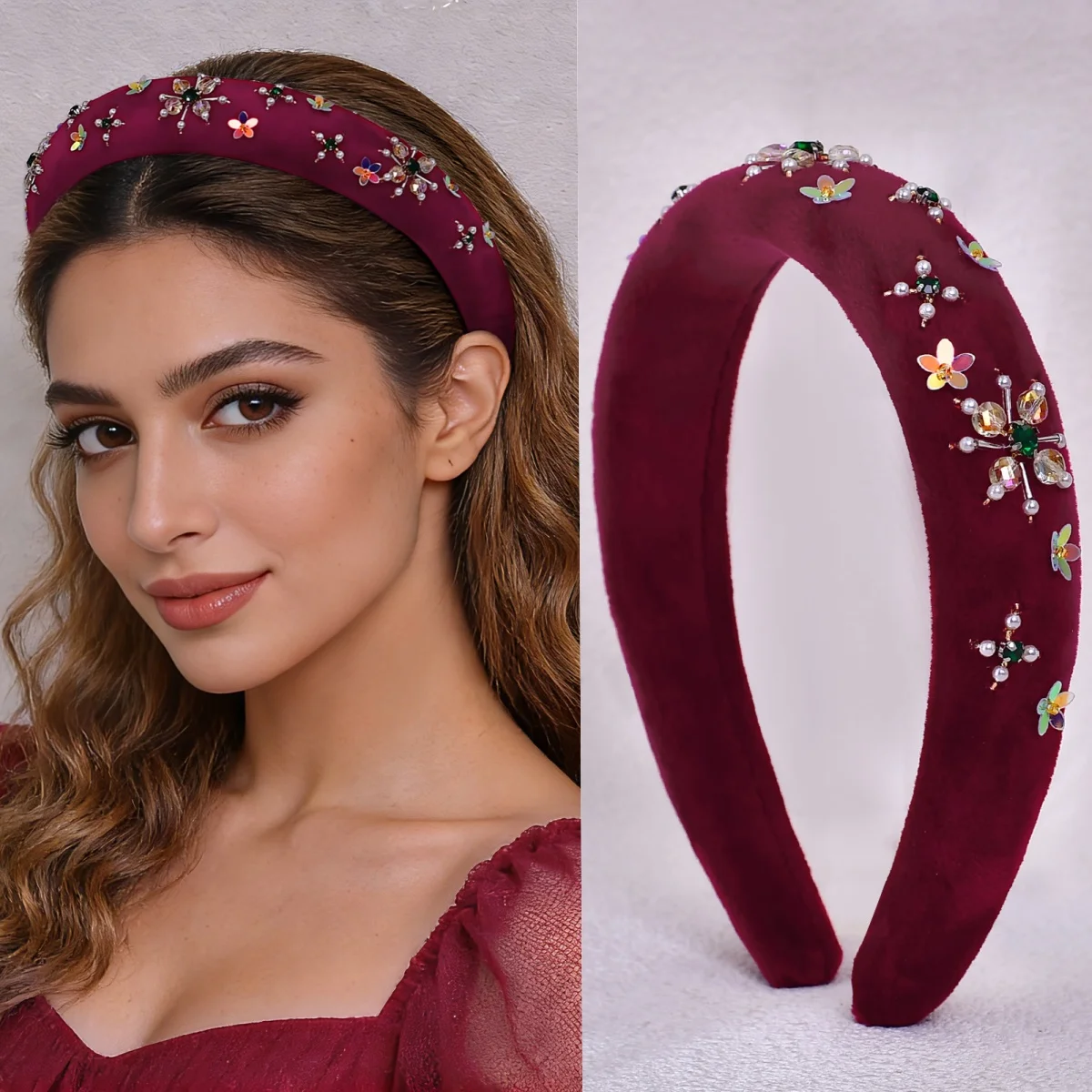 New Velvet Valentine's Day Headband Burgundy Velvet Hairband Crystal Sequins Women's Hair Accessory Date Night Hairpiece SA71