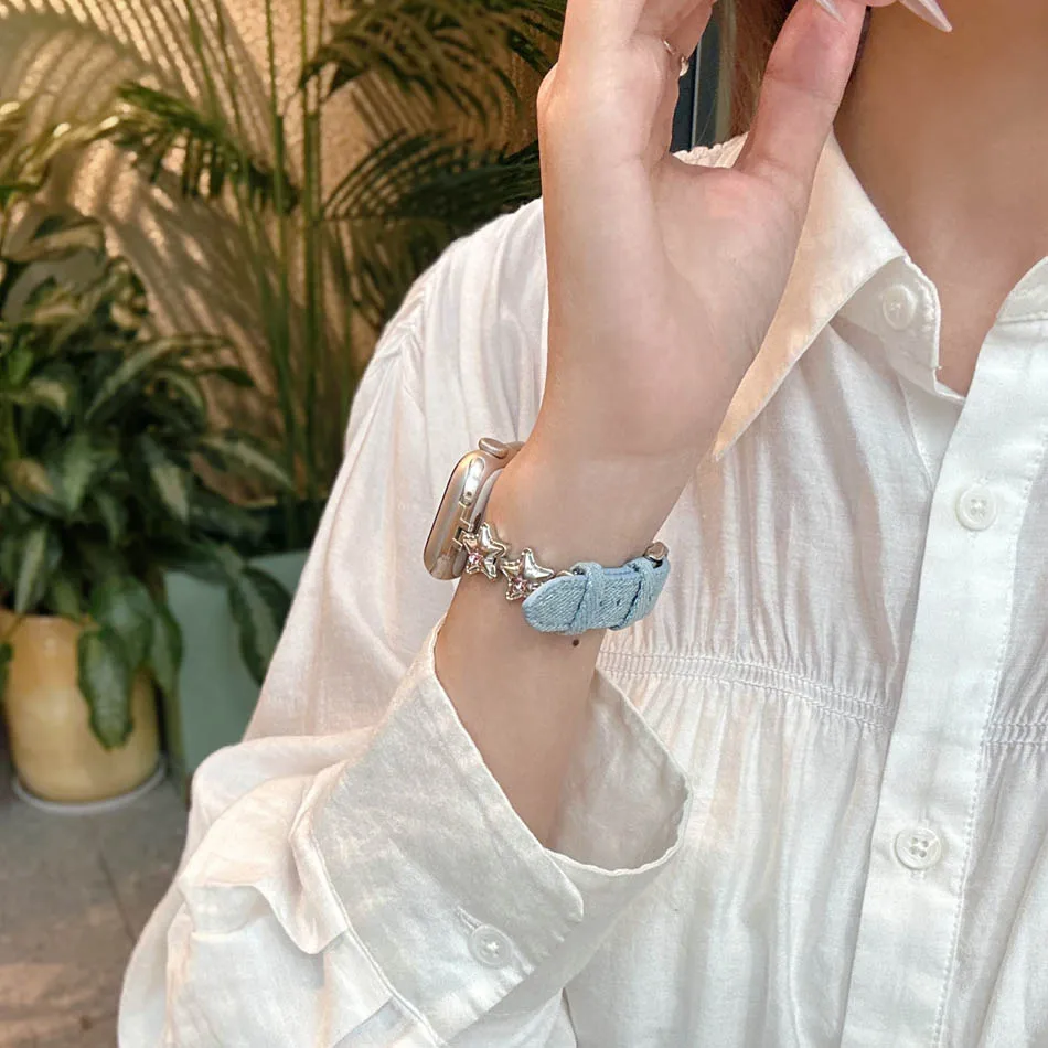 سوار أنيق من الزركون على شكل نجمة بالون لساعة Apple iWatch Series 10 9 8 7 6 5 4 3 2 SE Ultra Band 38 مم 40 مم 41 مم 42 مم 44 مم 45 مم 46 مم 49 مم أساور من الجلد الدنيم