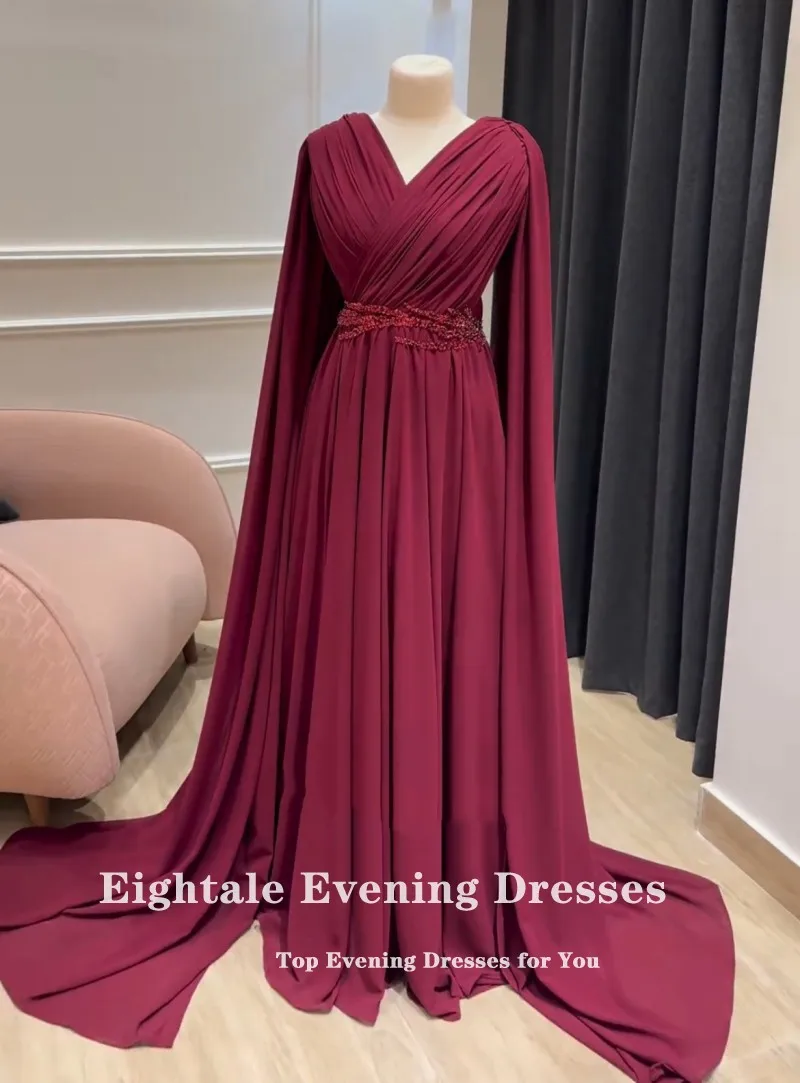 Eightale Arabische Abendkleider für Hochzeit, Party, Chiffon, V-Ausschnitt, Perlen, individuell gestaltete Flügelärmel, Burgunderrot, A-Linie, Abschlussball-Party-Kleider