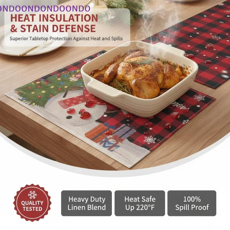 5Pcs Buffalo Plaid Xmas Table Runner Placemat Set Snowman Print Heat Resistant for Christmas Kitchen Table Decoration