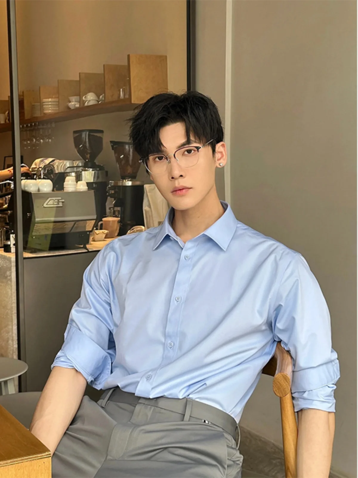 

Naples Blue Long Sleeve Shirt Jacket Men's Summer Korean Style Formal Wear Sun Protection High Quality Polyester Fiber