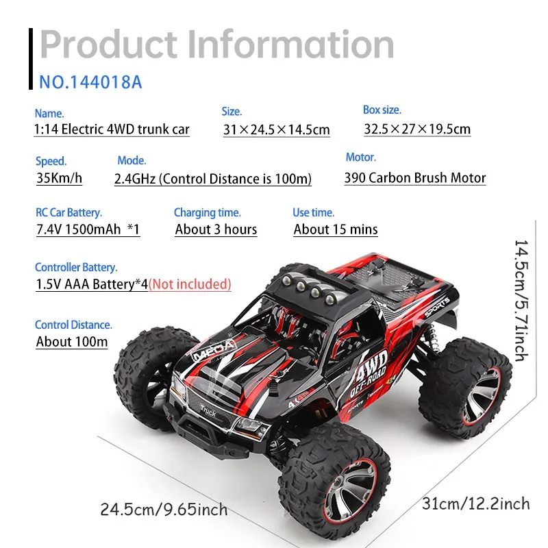 Wltoys144018A 35KM/H RC Car Remote Control Car 1:14 Scale 2.4G 4WD Drift Racing Off-road Vehicle with 390 Carbon Brush Motor