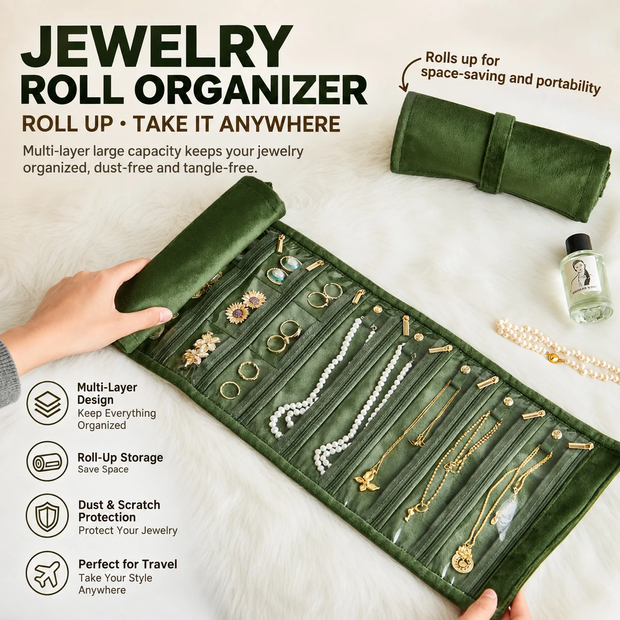 Velvet Jewelry Organizer Roll Bag, Travel Jewelry Storage Case, Necklace Earrings Ring Holder, Portable Jewelry Pouch for Women