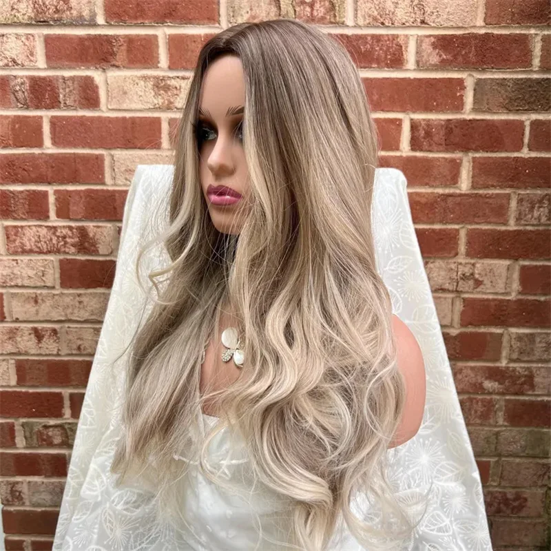 Long Dark Roots Ash Blonde Ombré Wig Natural Look Synthetic Heat Resistant Wig Fashion Cosplay Wig Women Wavy Lace Front Wig