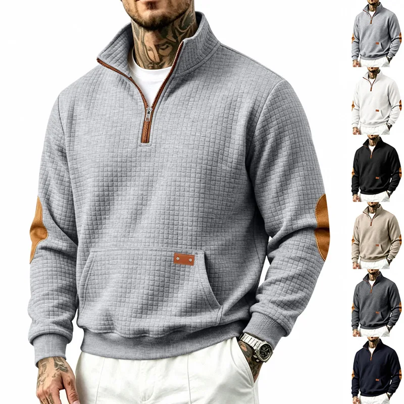 Men Autumn Waffle Knit Half Zip Stand Collar Sweatshirt Elbow Pu Patches Pocket Casual Long Sleeve Pullover