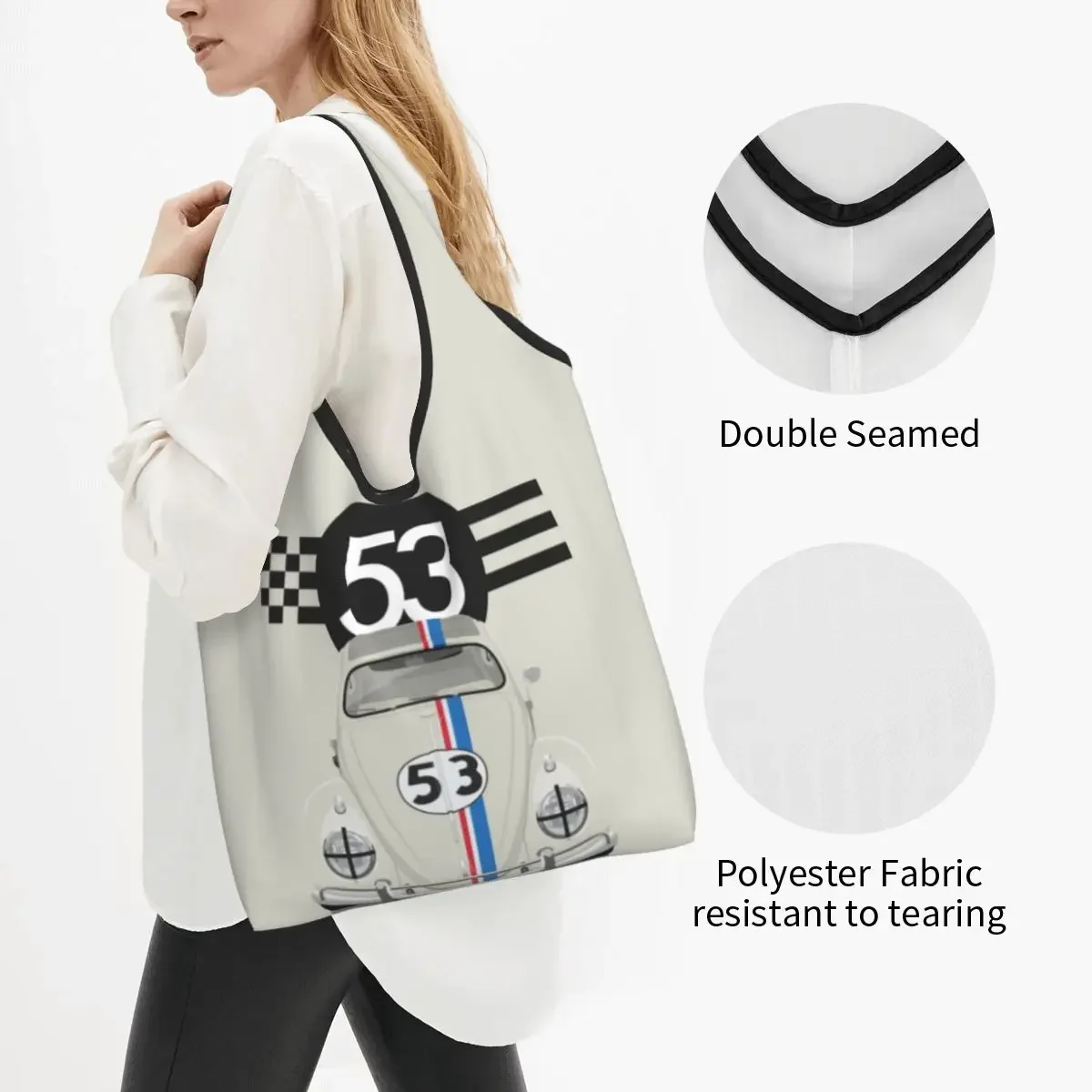 Custom Classic Racing Car Herbie Grocery Tote Shopping Bag Women Kawaii Shoulder Shopper Bag Large Capacity Handbag