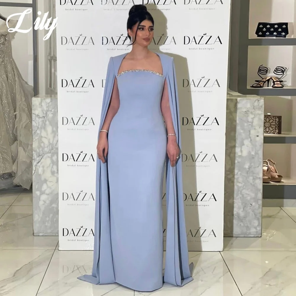 

Lily Simple Blue Prom Dress with Beading Mermaid Sxey Party Dresses Sleeve with Cape Layered Mermaid Evening Dress Customized