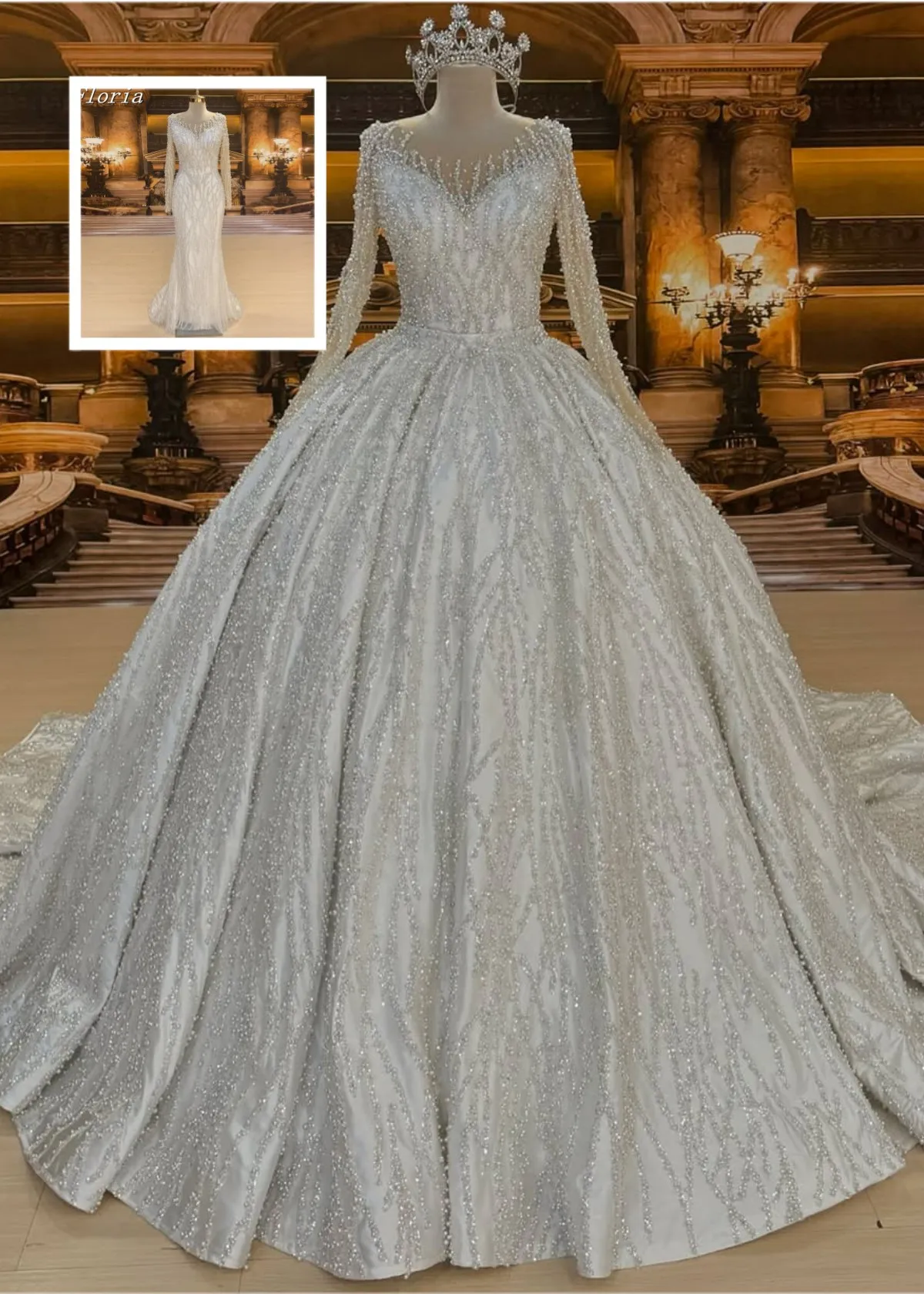 

2 Pieces Dubai Arabic Mermaid Wedding Dresses Sequined Long Sleeves Bride Gown With Detachable Big Sweep Train Vestidos De Novia