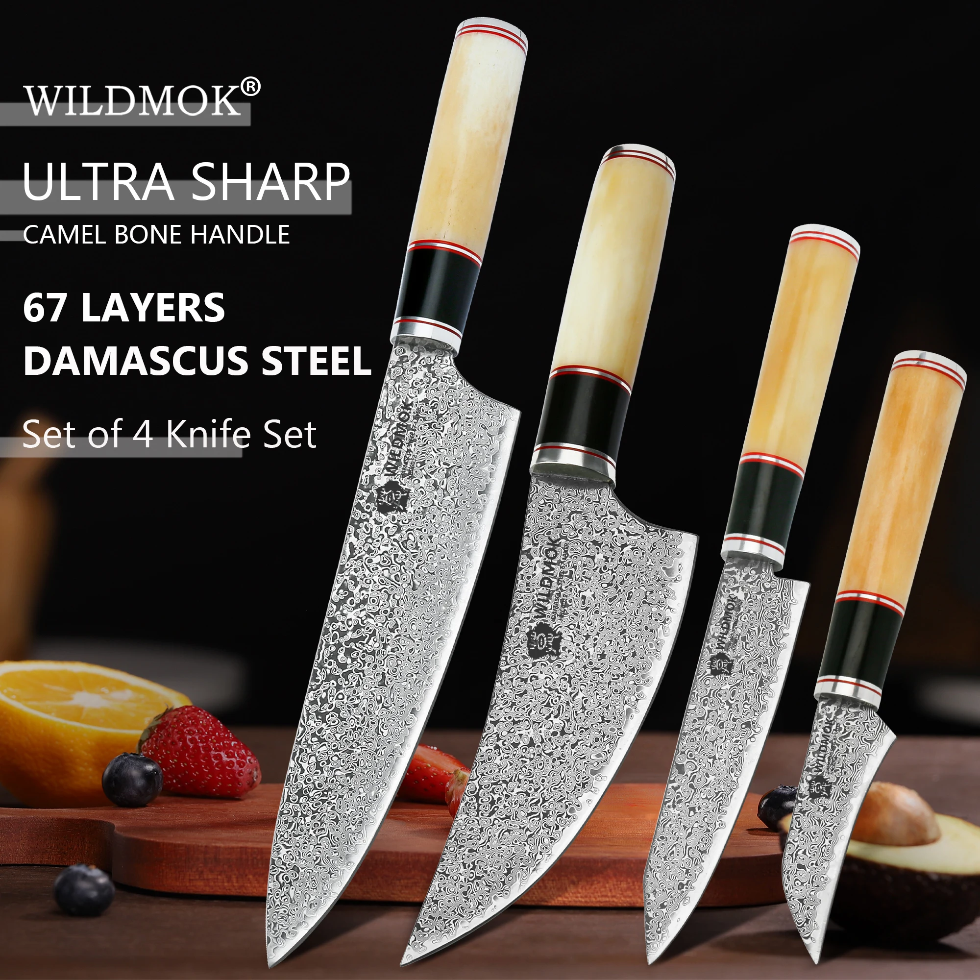 

WILDMOK Professional Damascus Steel Chef Knife Set, Ergonomic Natural Camel Bone Handle, Handmade Kitchen Cutting Knife