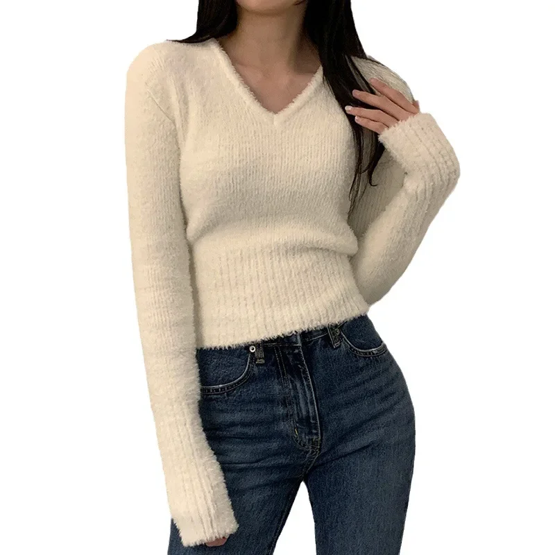 Women Sweater Long Sleeve Top Knitted Pullover V-Neck Fashion Sweater Woman Winter 2024 Basic Female Clothing Soild OL Sweaters