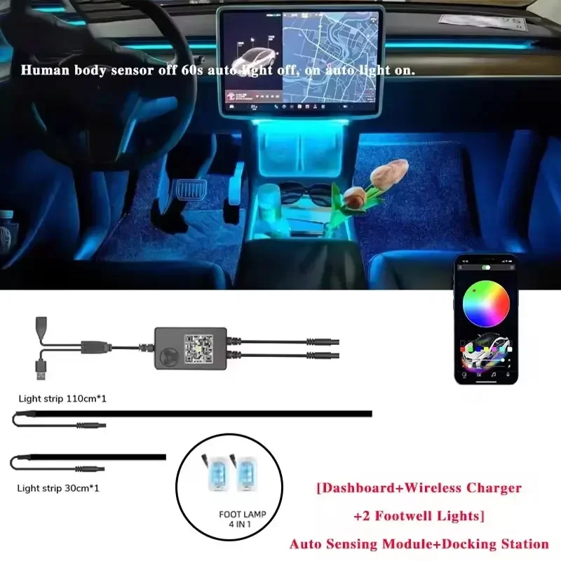 Voor Tesla Model 3/Y 2 IN 1 Dynamische Neon RGB Auto LED Sfeerverlichting 60 s Automatische UIT Module Dashboard Verlichting Decoratieve Lamp - afbeelding 2
