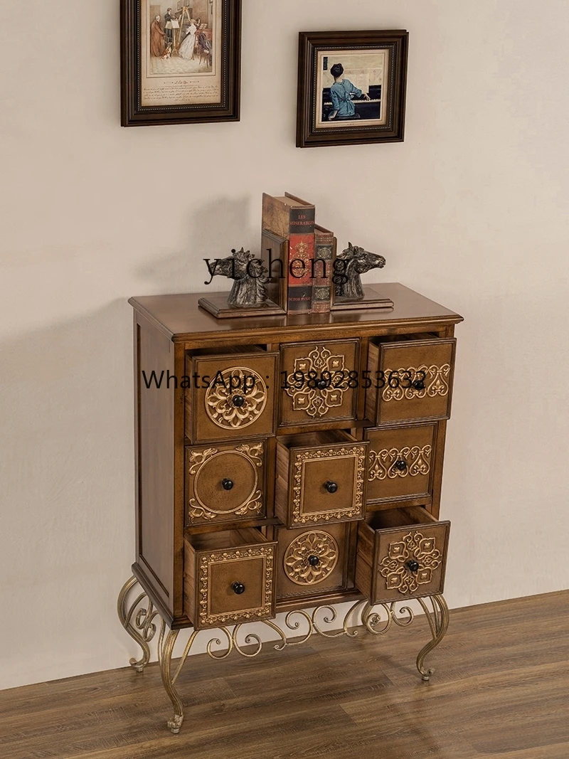 GZ  . American Vintage Solid Wood Storage Cabinet Bedroom Storage Cabinet Embossed Painted Entrance Cabinet