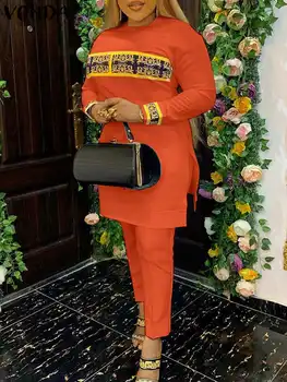 Artı boyutu VONDA 2024 Vintage kadınlar baskılı pantolon setleri sonbahar uzun kollu zarif setleri rahat elastik bel pantolon ve üstleri setleri