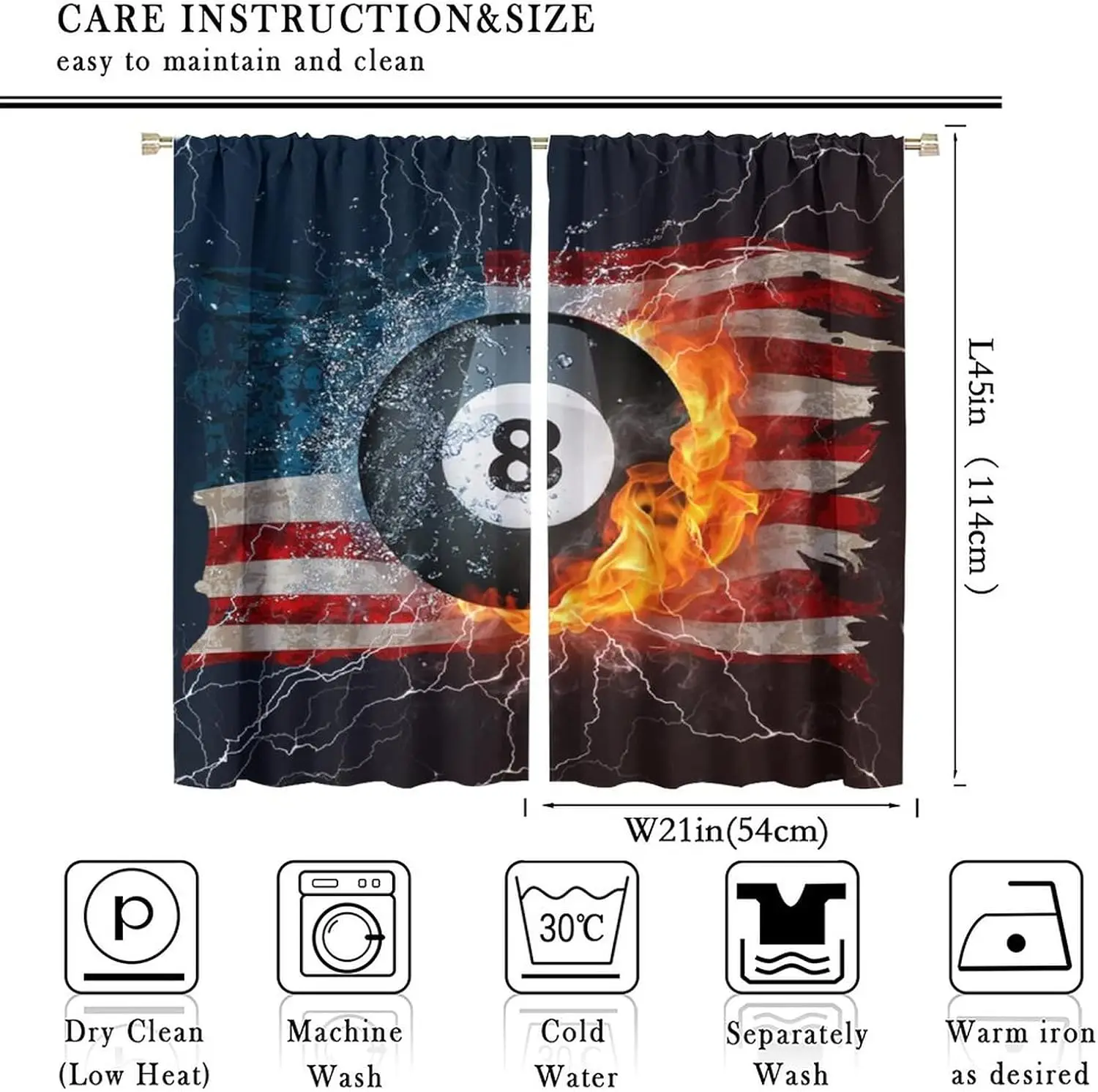Teen Billiards Curtains - Abstract Fire Water Black Billiard Eight Ball American Flag Design Rod Pocket Window Drapes Energy