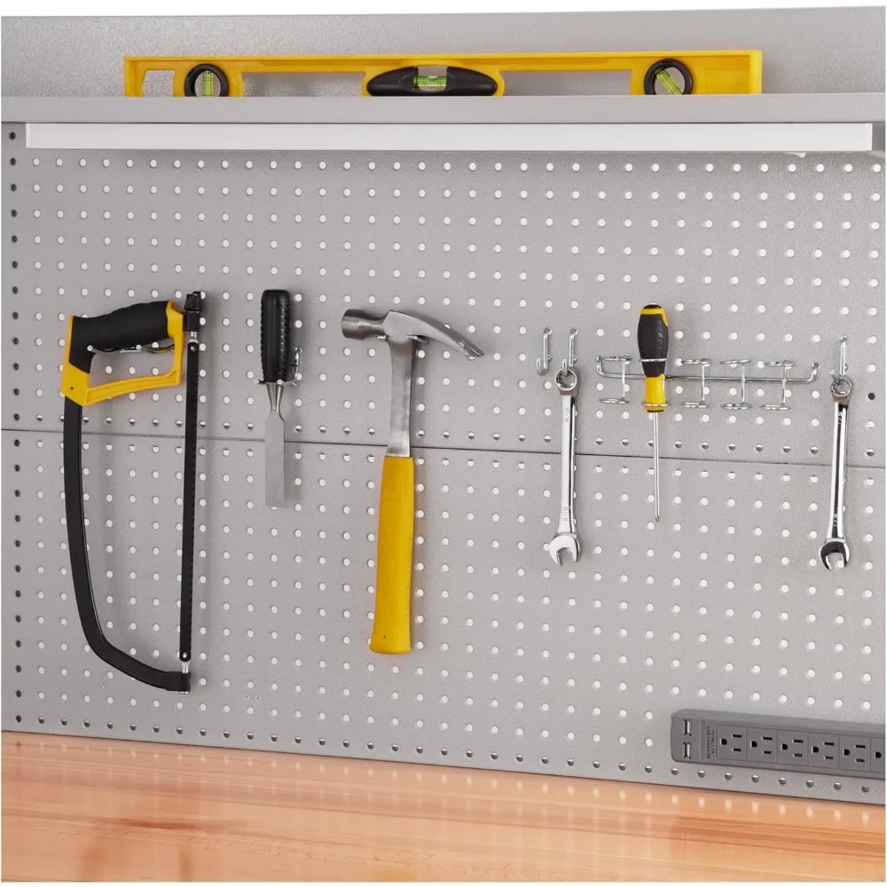 Workcenter de pegboard iluminado por LED com sortimento de 23 ganchos e mesa de gaveta, 48", cinza granito