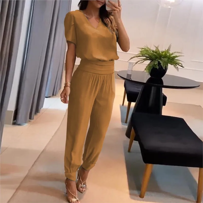 2024 Fashion Printed Two-piece Set Spring And Summer Women\'s Casual V-neck Short Sleeve Top High Waist Pants Suit Street Wear