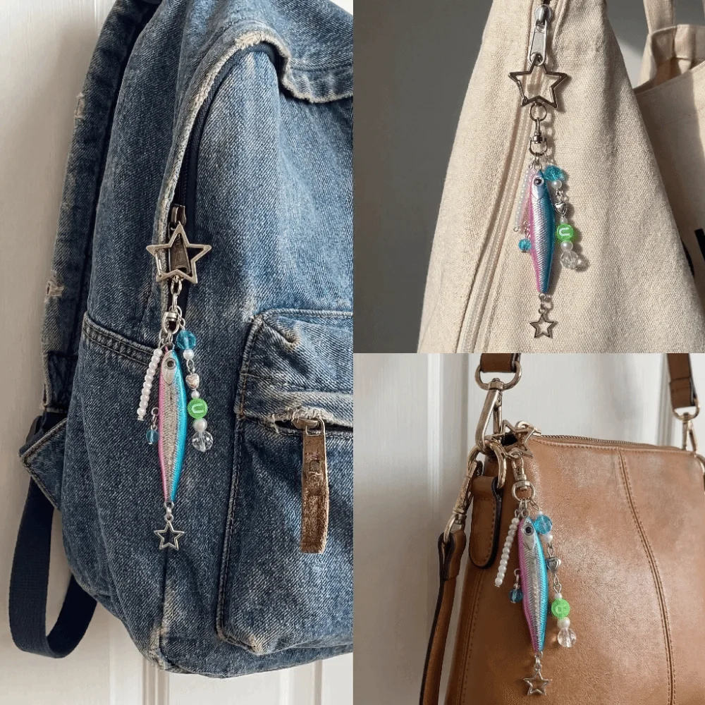 Unique Funny Simulation Fishing Bait Keychain Rhinestone Beaded Bag Charms Multifunctional Cute Keyring Handbag