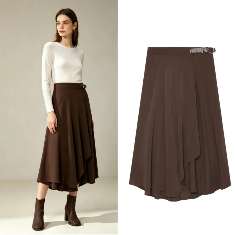 Women's Midi Skirts Autumn New Fashion Buckles Double Breasted Skirts Casual Fashion Lady Asymmetry Hem Commute Vintage Skirts