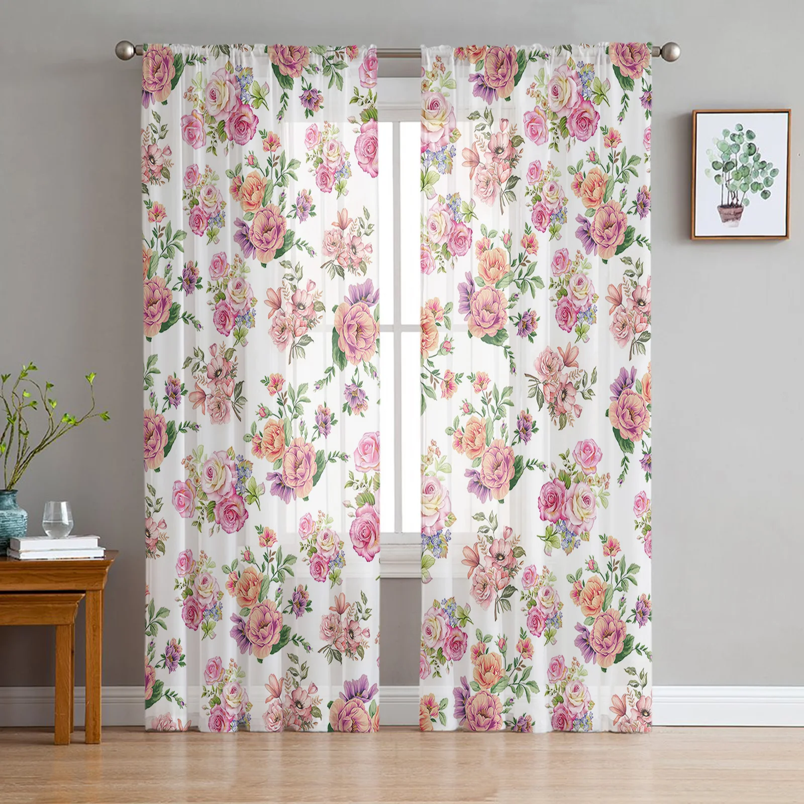 Flowers Foliage Gradient Flowers Sheer Curtains For Living Room Bedroom Kitchen Decoration Window Voiles Organza Tulle Curtain