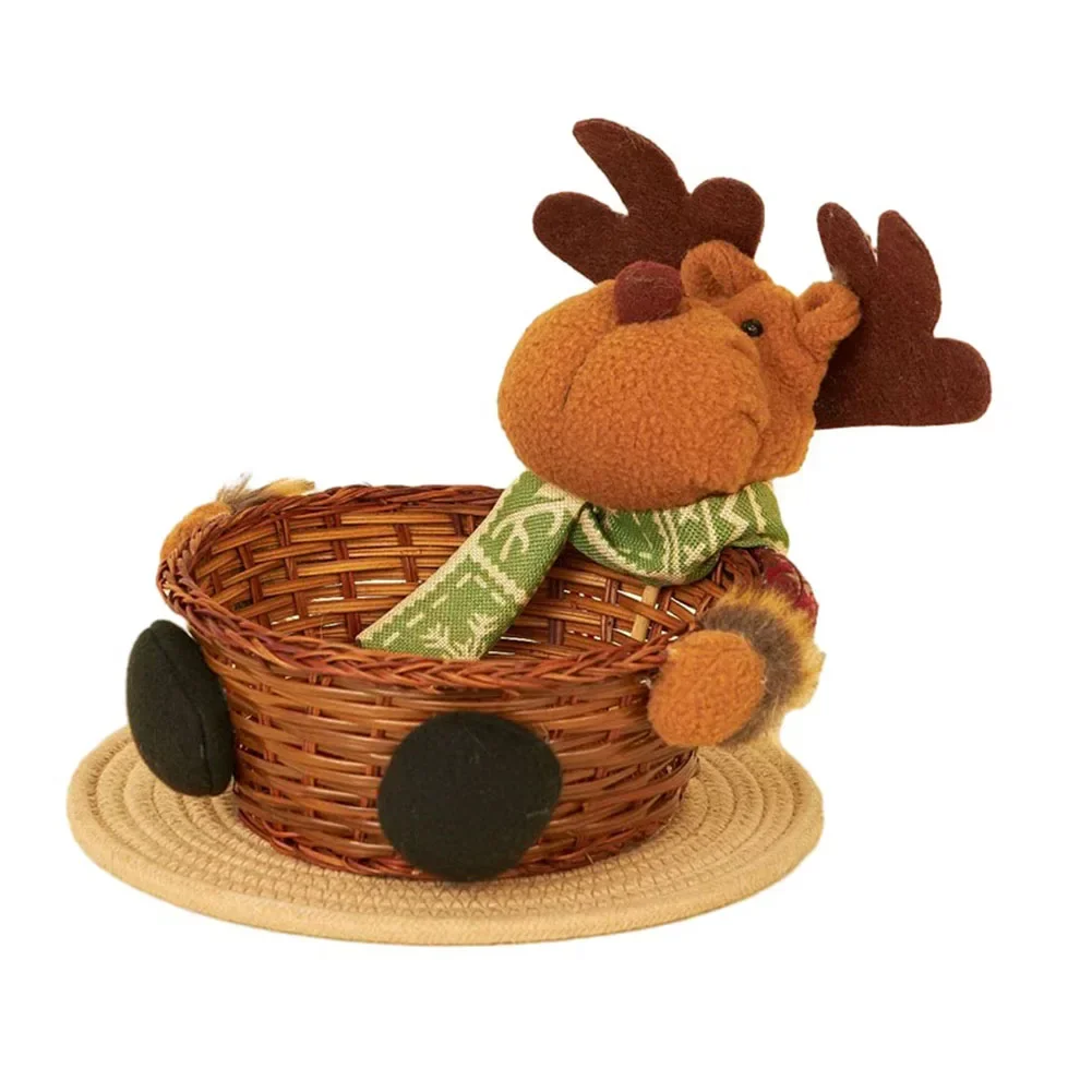 1pc Christmas Candy Basket With Doll Xmas Cloth+Rattan Snack Candy Storage Baskets 17x8cm Home Christmas Decoration