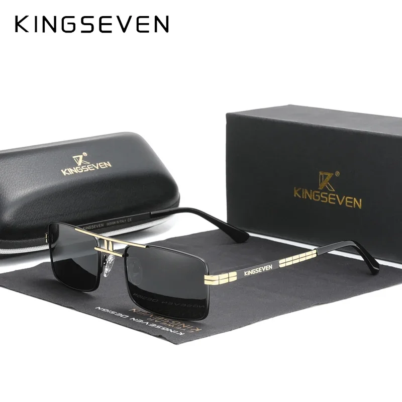 KINGSEVEN Marken-Sonnenbrille mit Polarisationsfilter, Edelstahl-Vintage-Rahmen, Rechteckiges Design, Ideal zum Autofahren und Angeln