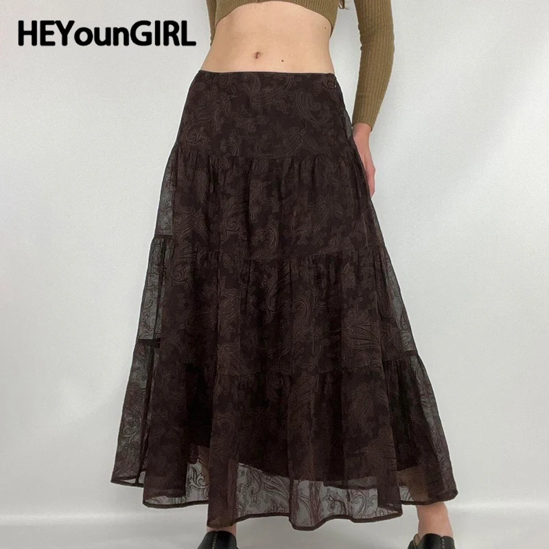 

HEYounGIRL Mesh A-line Brown Long Skirt Vintage Y2K High Waist Loose Elegant Fairy Maxi Skirts Aesthetic 90s Autumn Clothes Lady