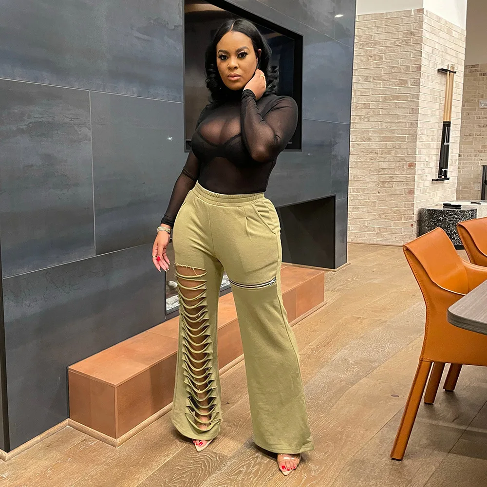 여성용 루즈 캐주얼 팬츠 신상품 홀로우 아웃 지퍼 루즈 핏 편안한 라이오셀 섬유 롱 팬츠 패셔너블