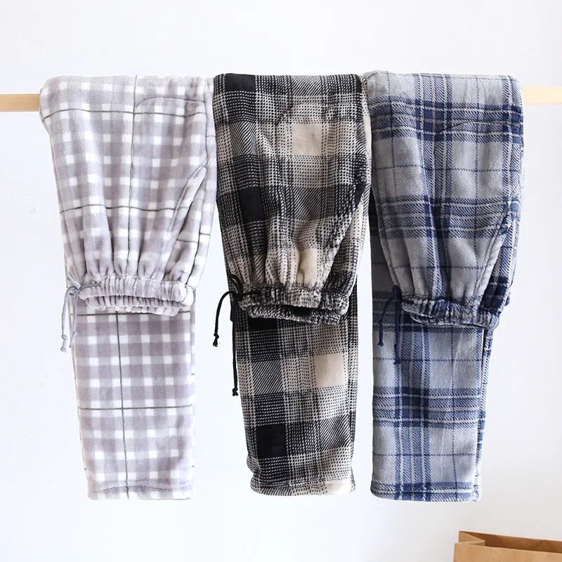 New Autumn AndWinter Flannel Men\'s Pajama Pants Trousers Plus Velvet Thickened Lattice Home Pants Sleep Wear Men Large Size